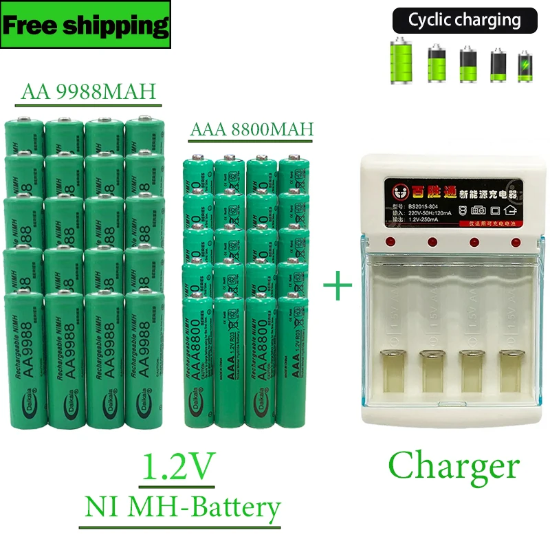 

AA+AAA Battery 100%New Original 1.2V AA9988MAH+AAA8800MAH+Charger NI MH Rechargeable Battery for Hair Clipper Shaver Calculator