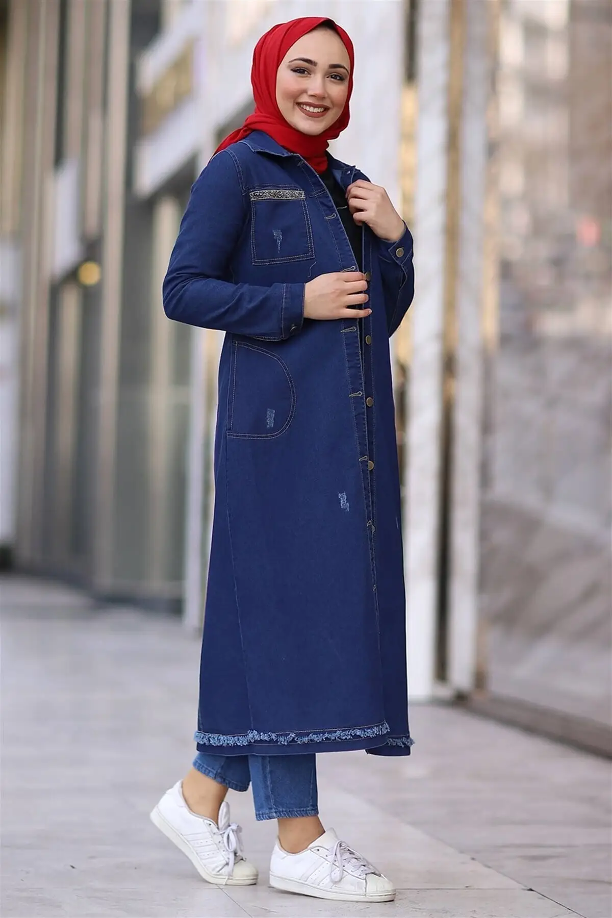 

Women's Fashion Denim Jacket Coat Pockets Stamp Detailed Long Jeans Jacket - Blue