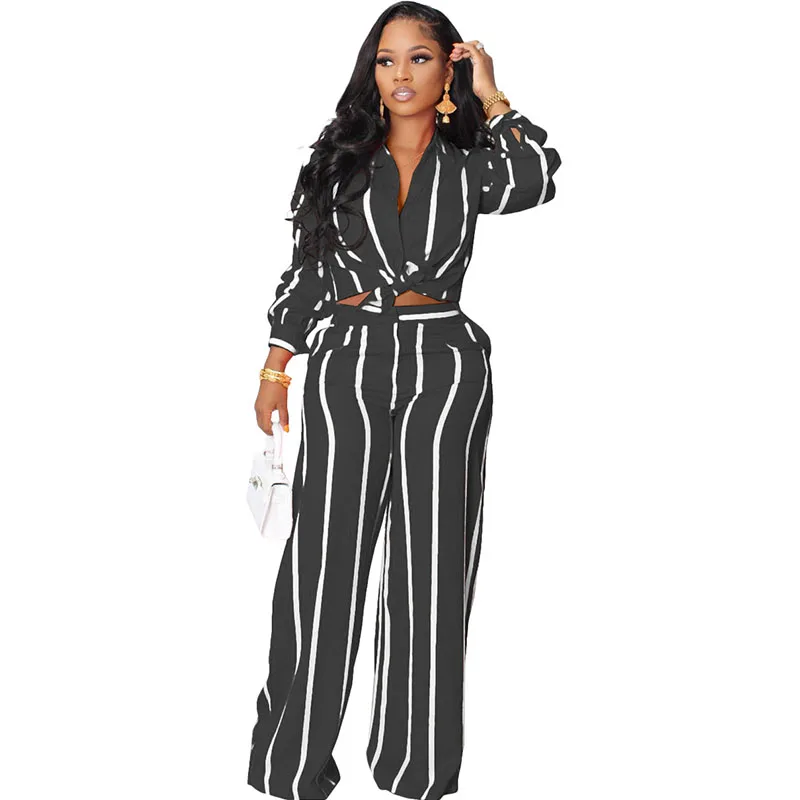 

Elegant Fashoin Striped 2 Piece Set Women Fall Long Sleeve Shirt Top and Wide Leg Pants Suits Office Lady Matching Sets Outfits