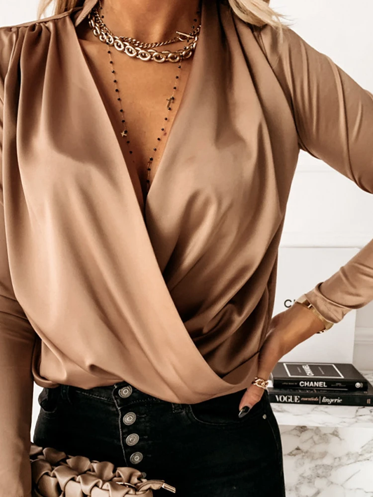 

Блузка Женская атласная со складками, пикантная Однотонная рубашка с длинным рукавом, из полиэстера, в Корейском стиле, Роскошная Одежда
