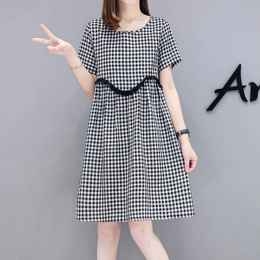 

Fashion Daily O-Neck Dress Sweet Plaid A-line Simple Clothes Streetwear High Waist Dress Pullovers Pullovers M-2XLes