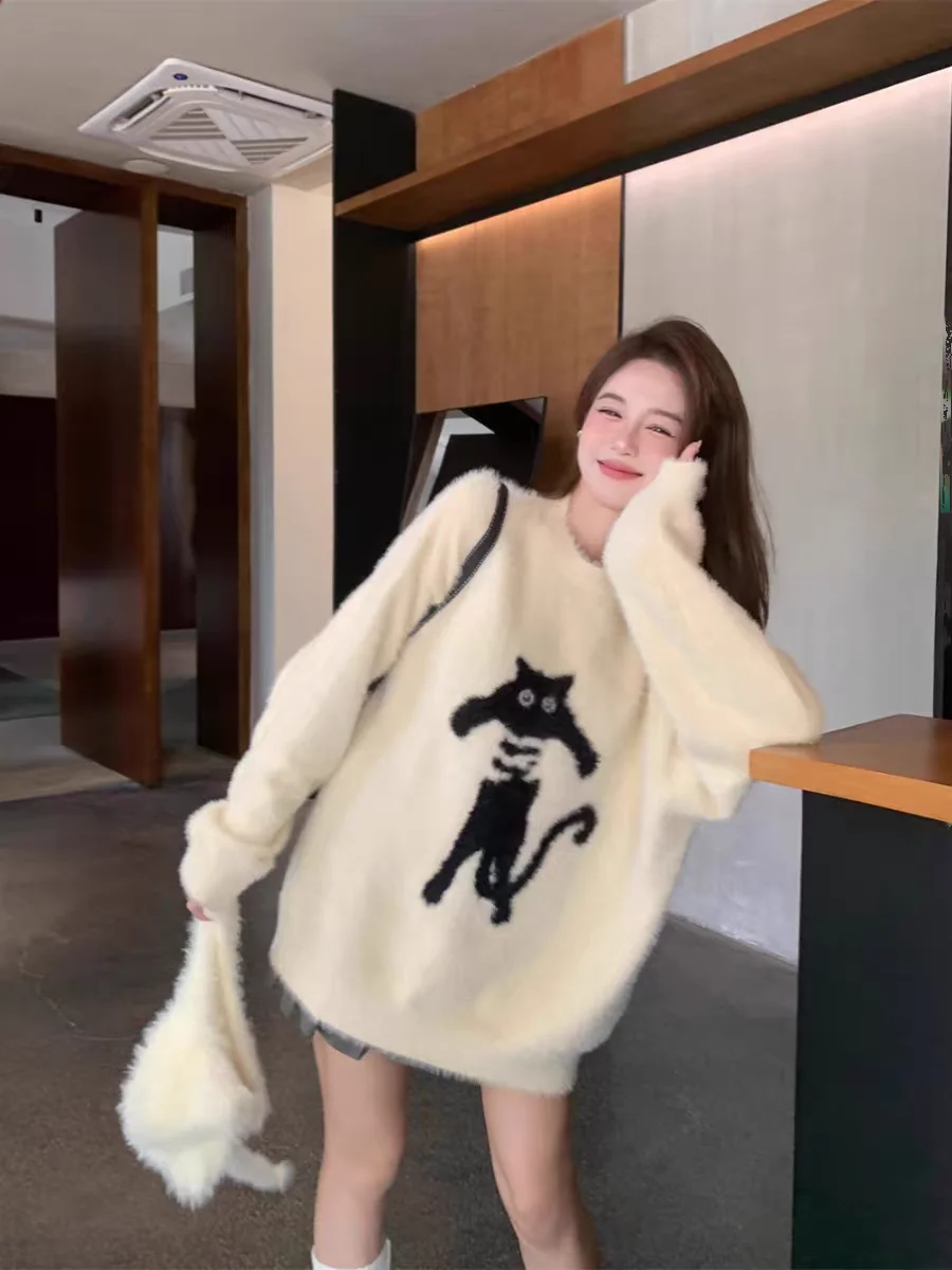Korejpaa Kawaii Cat жаккардовый вязаный пуловер свитера женская осенне-зимняя одежда