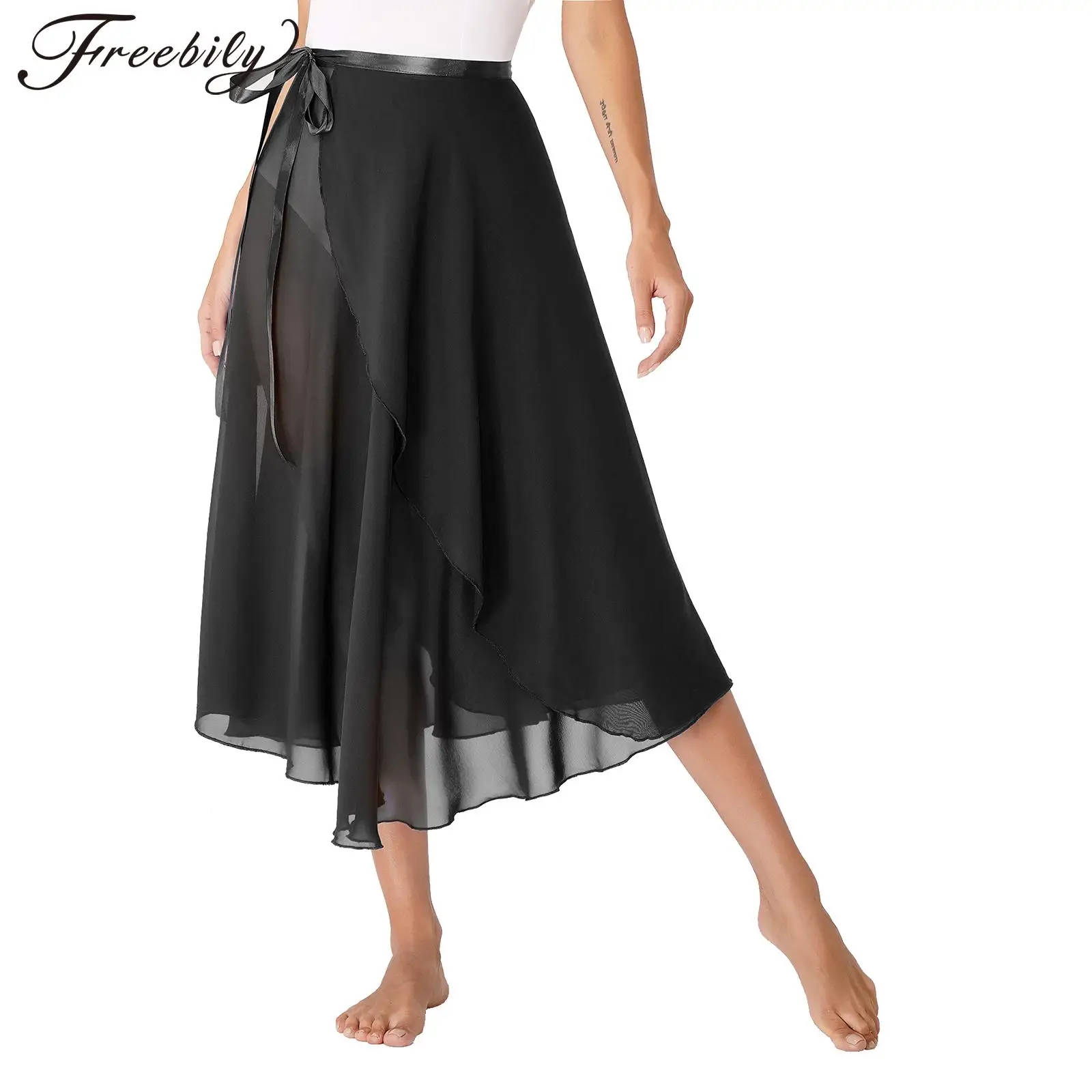 

Womens Lace-Up Flowy Skirt Ballet Modern Dance Training Costume Solid Color High Waist Midi Skirts