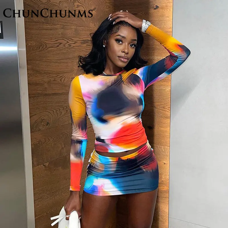 

Casual Floral Print O-neck T-shirt Mini Skirt Two Piece Set Women Aesthetics Crop Tops Pack Hip Bust Dress Club Night Outfits