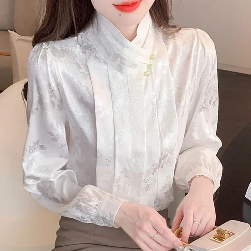 Модная женская рубашка с длинным рукавом и воротником-стойкой белая жаккардовая