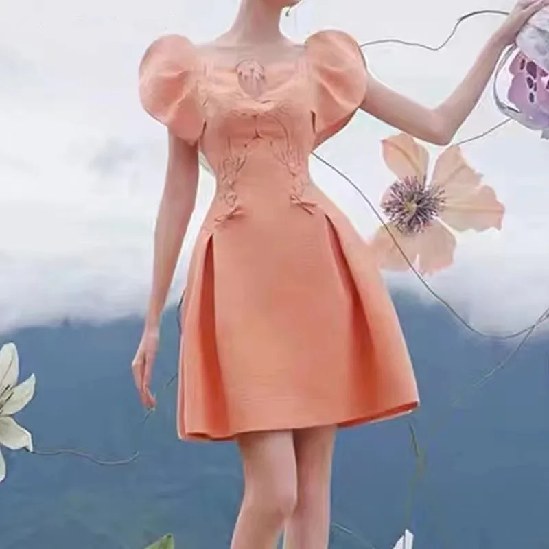 

Женское платье с квадратным вырезом, модельное мини-платье оранжевого цвета с цветочной вышивкой и рукавами-фонариками, облегающее бальное платье с зауженной талией, лето 2023