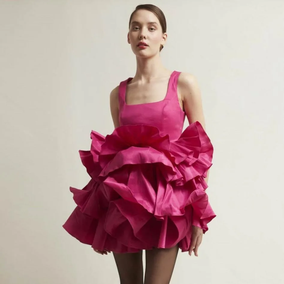 

Square Neck Mini Party Dress Layered Ruffled Woman Clothing Sleeveless Pink Dress Elegant Women Dress A-line Casual Dress
