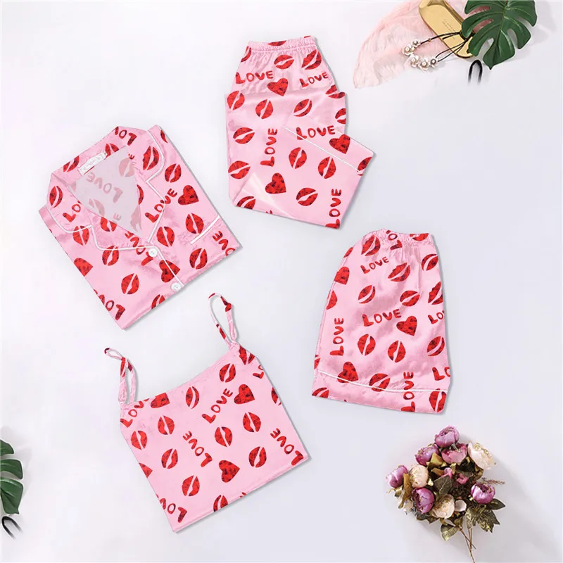 

Fashion Pink Lips Printing Pajamas Women Set 4 Pieces Long Sleeves Satin Pajamas Girls Sleepwear Loungewear Satin Silk Pjs Home