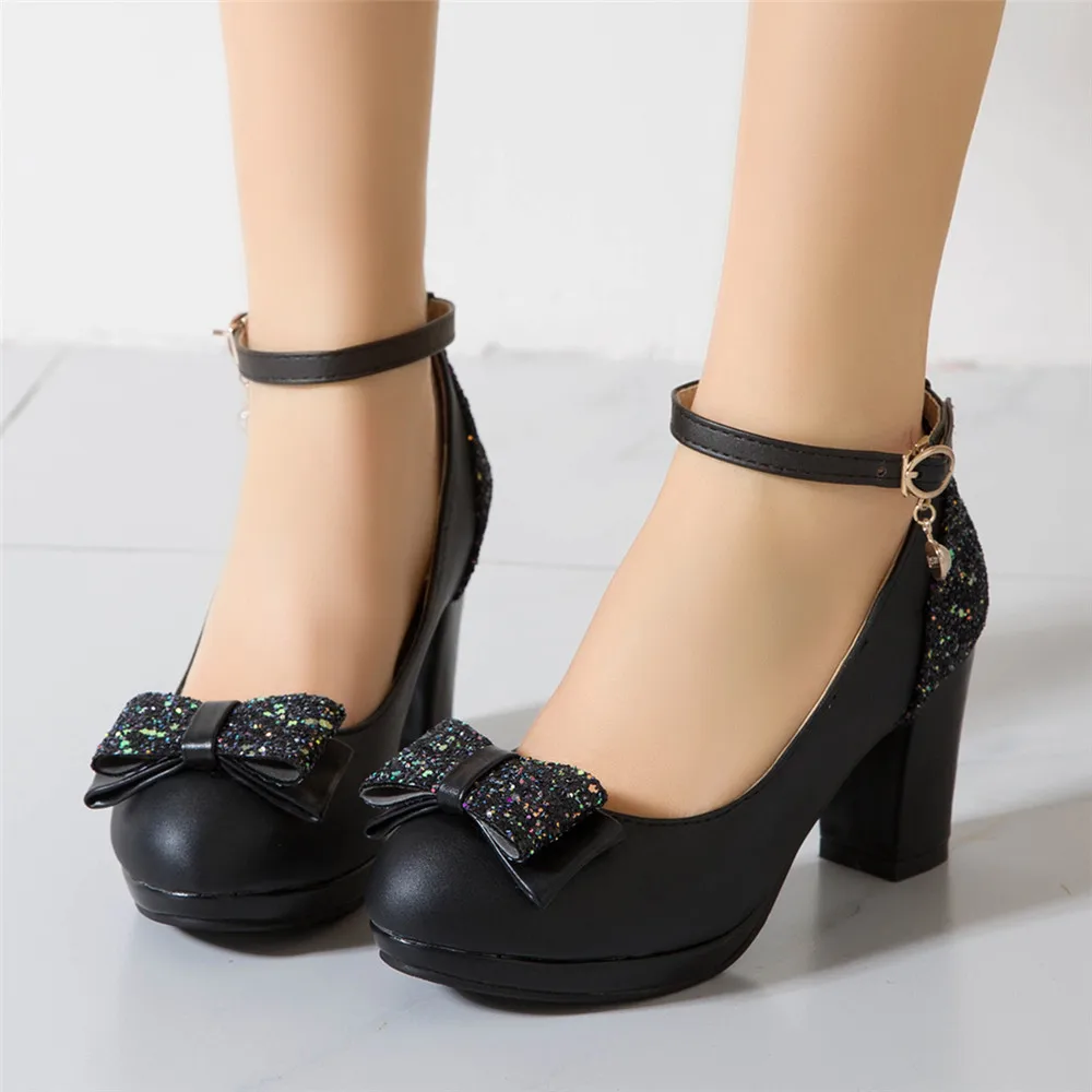 2023 New Platform Women Mary Jane Pumps Sweet Sequin Cloth Butterfly Knot Ladies Square High Heels Shoes Party Wedding Mujer