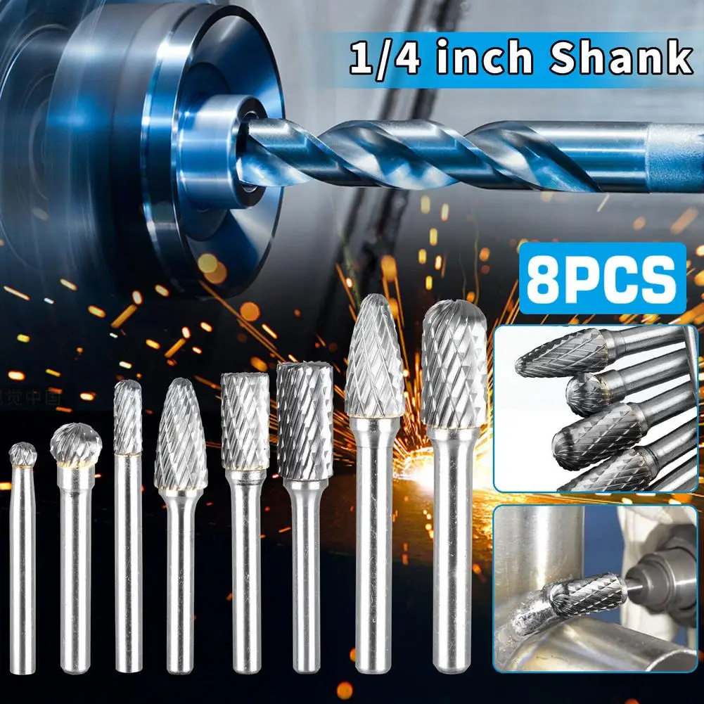 

New 8pcs 8mm Rotary Burr Head Set High Precision 1/4" Shank Die Grinder Drill Bits For Machinery Automobiles Ships