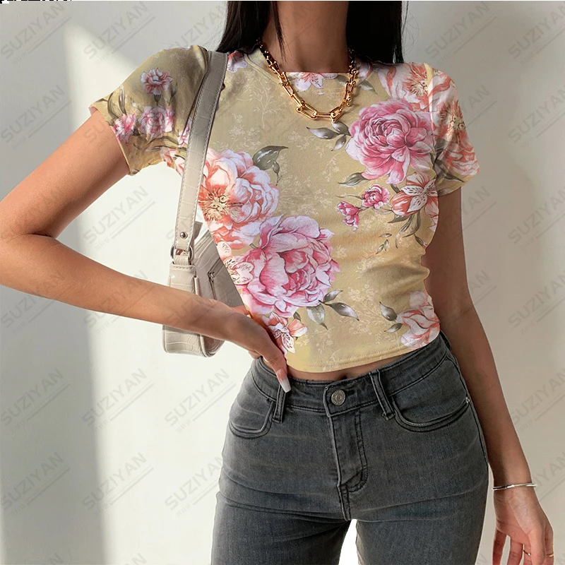 

Popular Women's Tight Top Summer Short Sleeve Short Top 3D Print New Sexy Show Body Large Round Neck T-shirt Short Spicy Girl