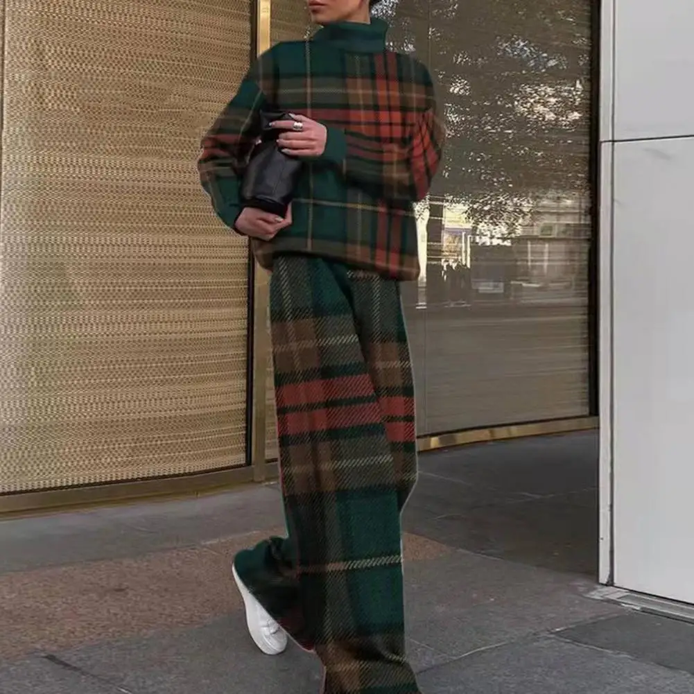 

Женский комплект из блузки и брюк, комплект из эластичного топа с высоким воротником и длинных брюк с винтажным узором, домашняя одежда на о...