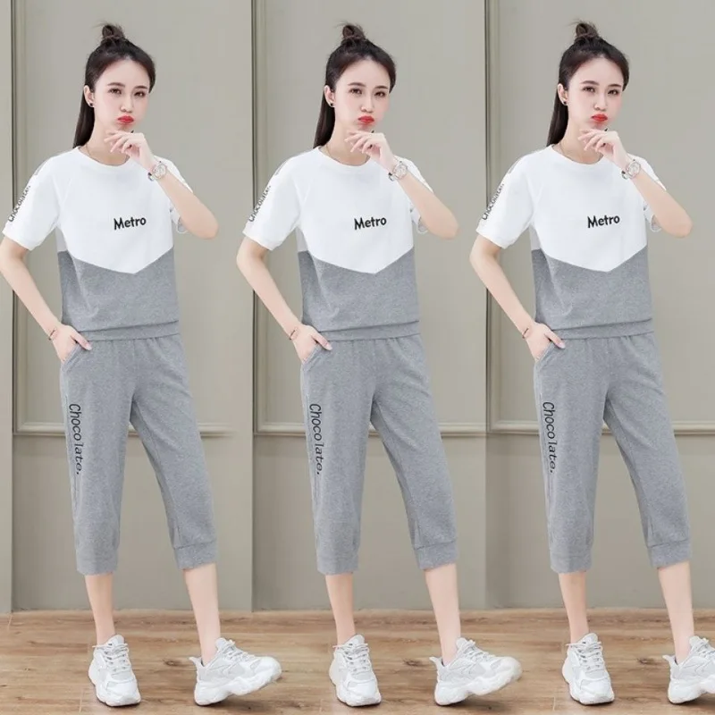 

2022 Summer Women Tracksuit two pieces sets Letters Print Ladies Casual Slim female clothes top and trousers