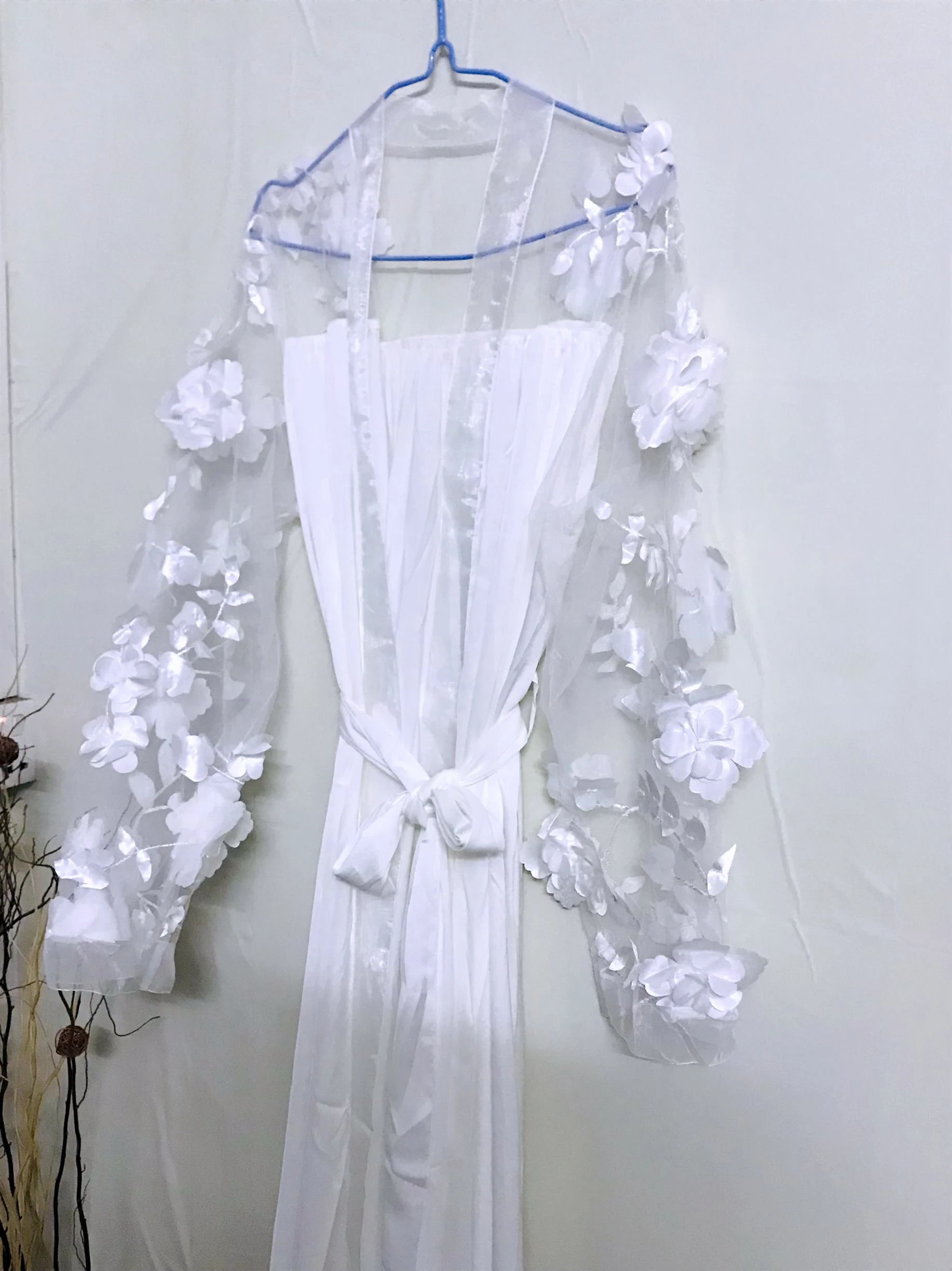 White Flower Mesh Robes Soft Sleeves Kimono Bride Dressing Women Bathrobe Pajamas Women's Summer Satin Elegant Wedding Robe