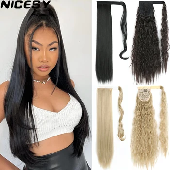 Synthetic Long Straight Ponytail Wrap Around Clip In Hair Extensions Natural Hairpiece Fiber Black Blonde Fake Hair Pony Tail 1