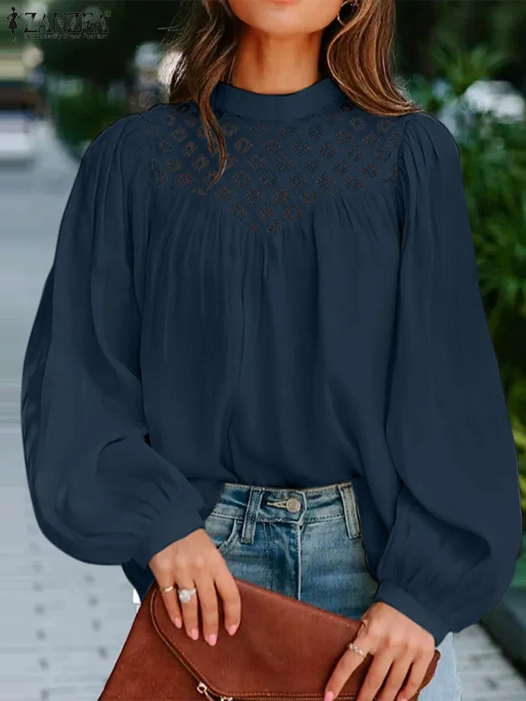 

Модная комбинированная кружевная блузка ZANZEA, весенние топы с пышными рукавами и воротником-стойкой, Женская Повседневная Праздничная рубашка, уличная винтажная офисная сорочка