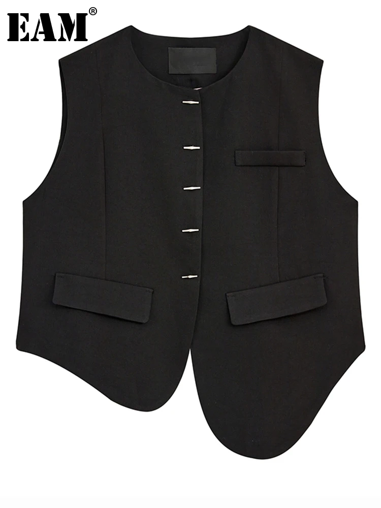 

[EAM] Women Loose Fit Black Irregular Vintage Buckle Vest New Round Neck Sleeveless Fashion Tide Spring Autumn 2023 1DF9926