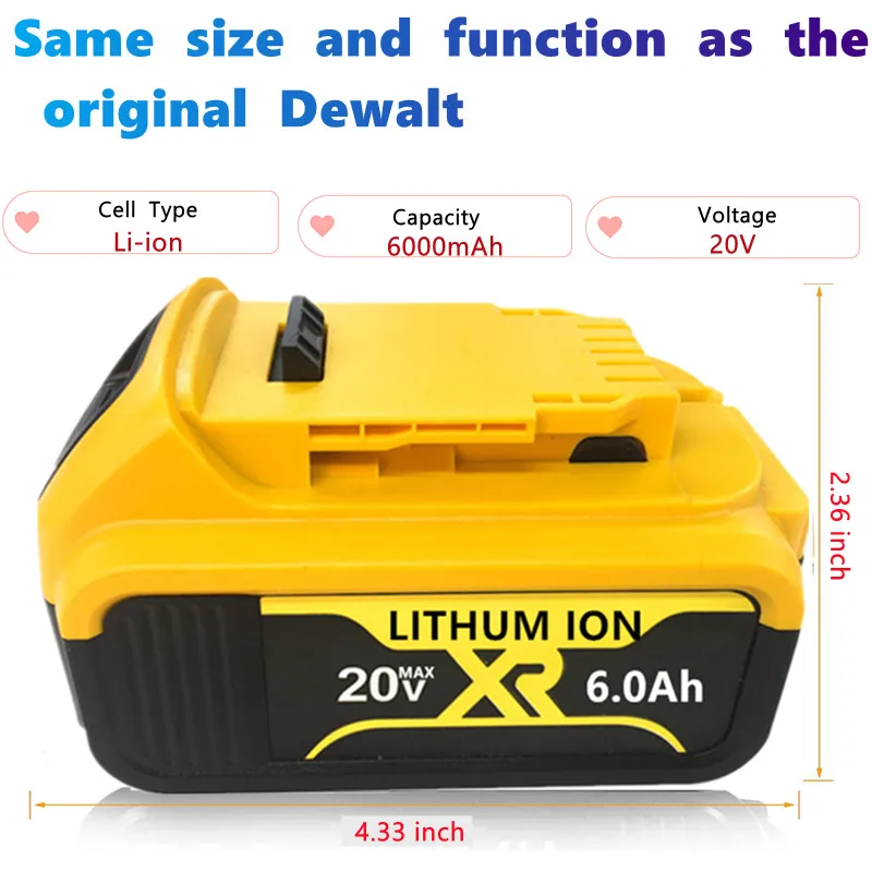 2023 100%  new 20V 6,0 Ah MAX XR Batterie power tool Ersatz für DeWalt DCB184 DCB181 DCB182 DCB200 20 V 6A 18volt 20 v Batterie
