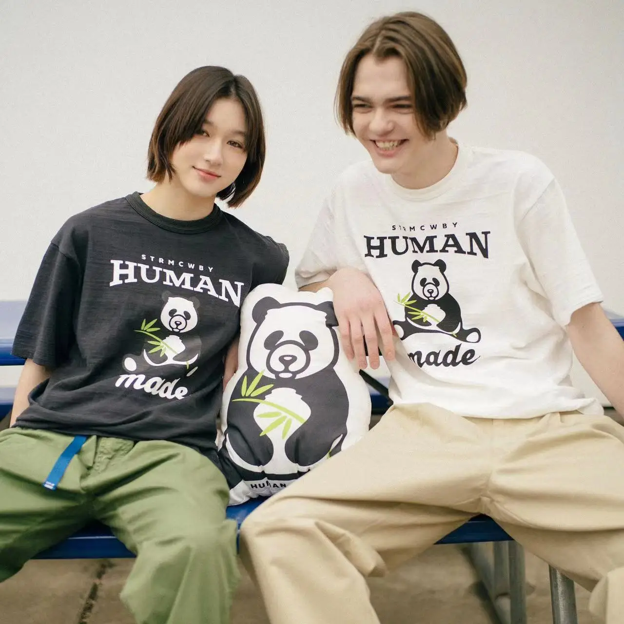 

HUMAN MADE China Limited Panda Eating Bamboo Printed Slub Cotton Cylinder Short Sleeve T-shirt men clothing Couple Tops