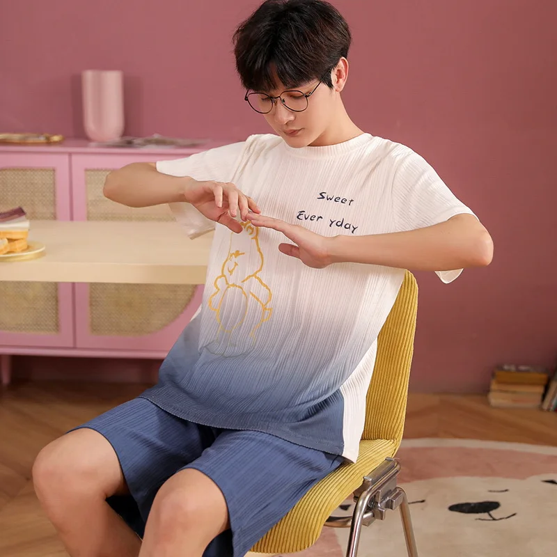 Men Summer Short Sleeve Pajama Sets Breathable Organic Cotton Soft Confort Leisure Home Causal Male Sleepwear