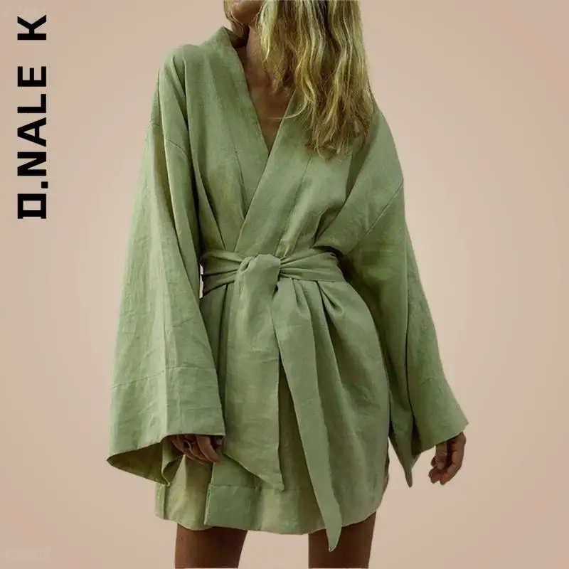 

D.Nale K Cotton Linen Long Sleeve Sashes Dresses Women's V-Neck Kimono Cardigan Mini Dress Robe Style Lace Up Summer Loose