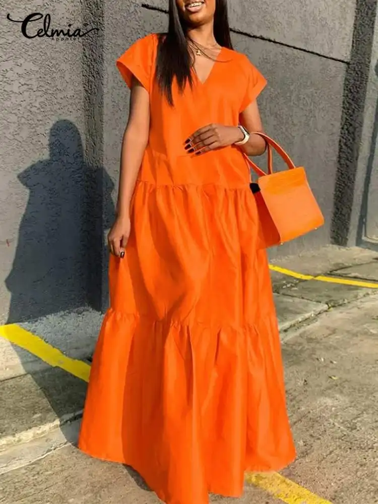 

Модные свободные платья-Макси Celmia, сексуальные однотонные длинные платья с V-образным вырезом, праздничный пляжный многослойный сарафан с к...