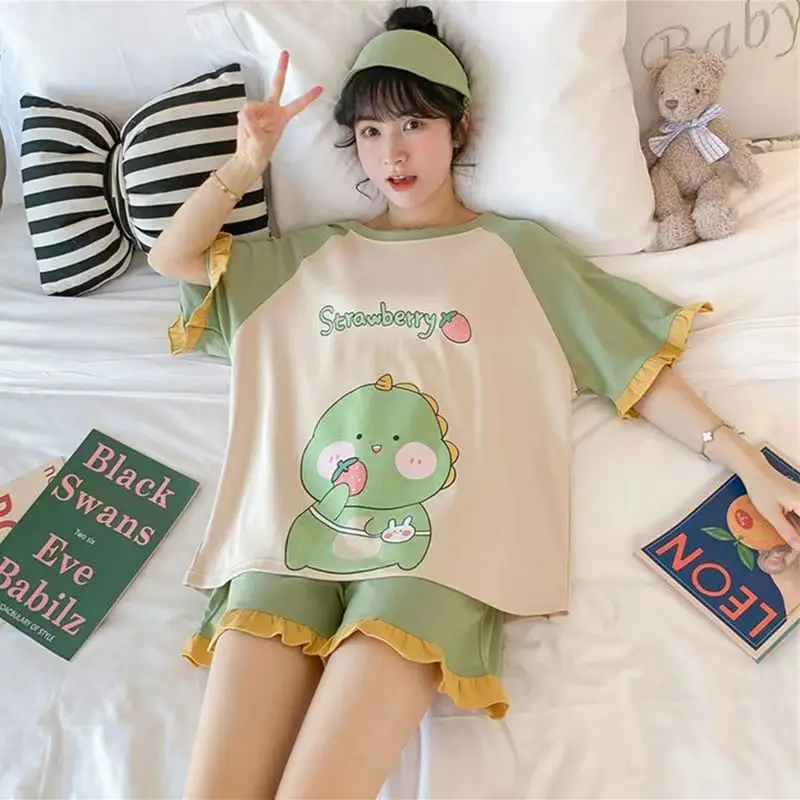 

Pajamas for Women 5XL Big Size Nightwear Sweet Green Patchwork Summer Loungewear Cute Strawberry Dinosaur Pijama Mujer Sleepwear