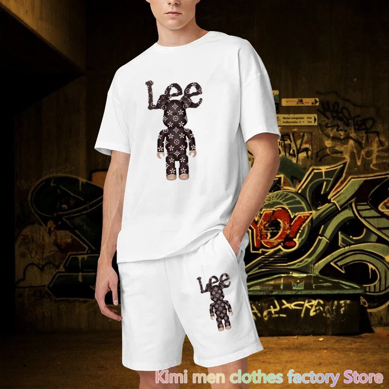 Cotton 2 pieces set Men Short Sleeve T-shirt Shorts Tracksuit Jogging suit Summer tshirt set Bear printing men Short Outfits set