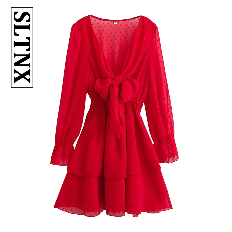 

2022 Fashion Summer Dresses for Women Red Chiffon Solid Lace Dress V-Neck Casual Flare Sleeve Party Dresses Female Clothes