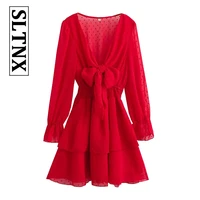 2022 fashion summer dresses for women red chiffon solid lace dress v neck casual flare sleeve party dresses female clothes