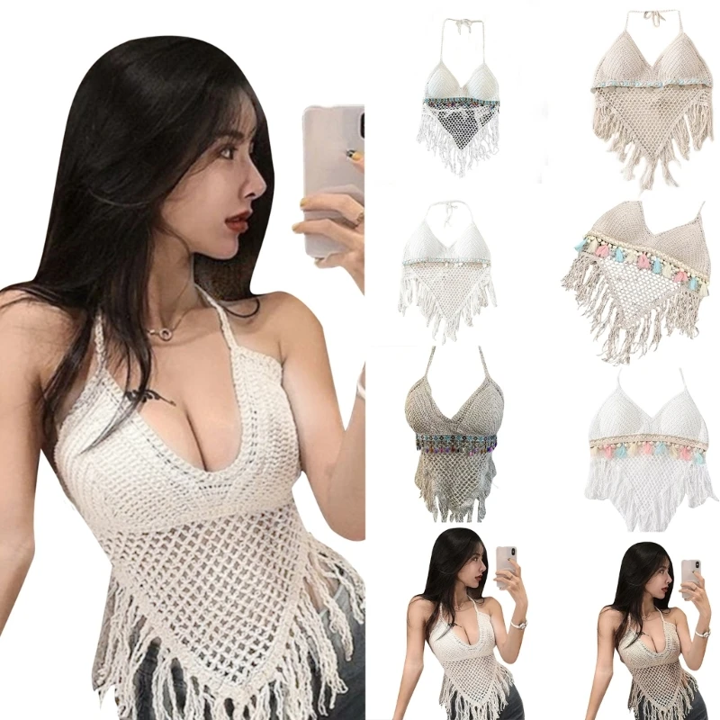 

Sexy Holiday Camisole Halter Neck for Women Girls Knit Swimsuit Bra Backless Vest Hollow Tassels Top