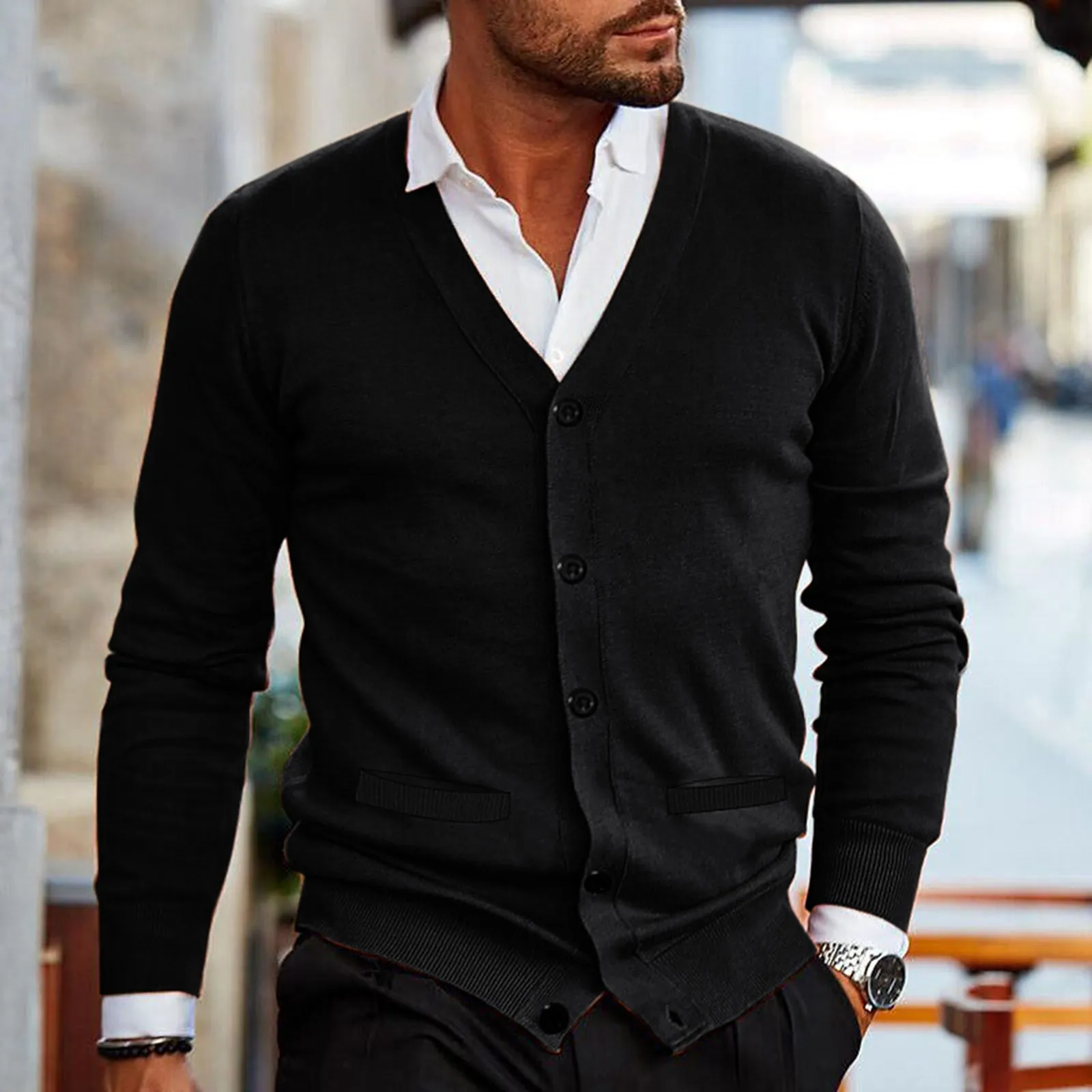 

Men's Youth Fashion Casual Solid Color V Neck Long Sleeve Slim Fit Sweater