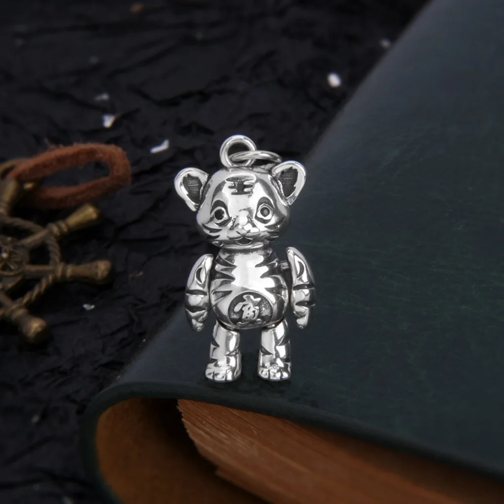 

Real Pure S990 Sterling Silver Men Women Lucky Cute Zodiac Tiger Pendant 4.5g