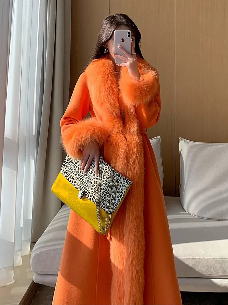 

Women Fall Winter Warm X-Long Cashmere Blend Coat With Huge Real Fox Fur Collar Rich Lady Luxury Fur Wool Overcoats Jackets LY02