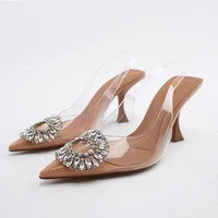 luxury rhinestone pointed toe heels transparent women heels women shoes 2022 summer new brand party prom mules slingback heels