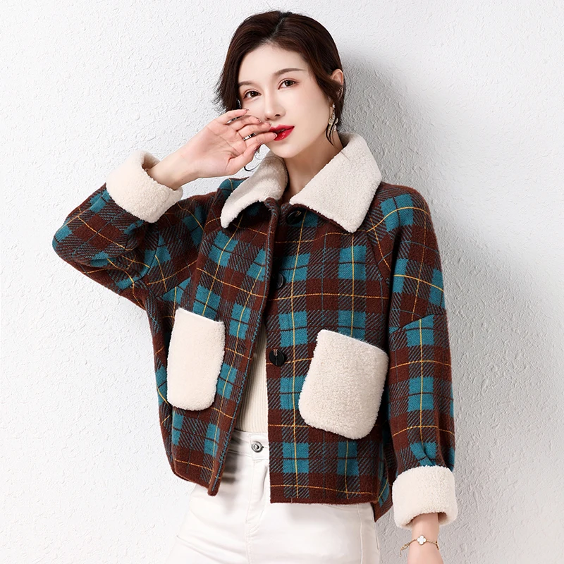 2022 Winter Autumn Women Green Brown Soft Warm Jackets Beige Imitation Lamb Wool Fleece Cuff Turn Down Collar Coats Outerwear