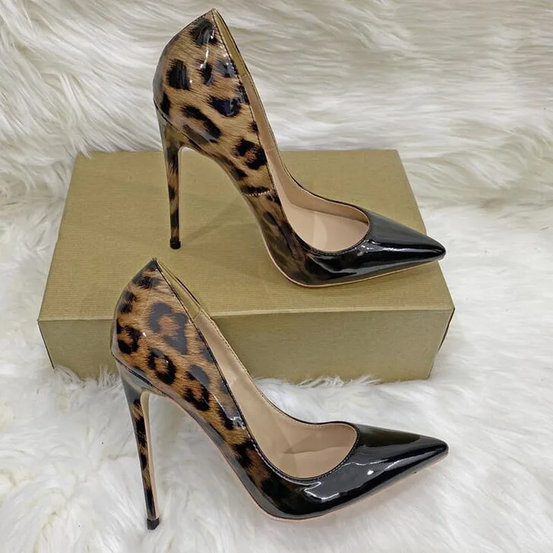 

Leopard Patent Leather Gradient Women's Pointed Toe Stilettos Sexy Ladies Banquet Slip-On Pumps 8cm 10cm 12cm Party Shoes