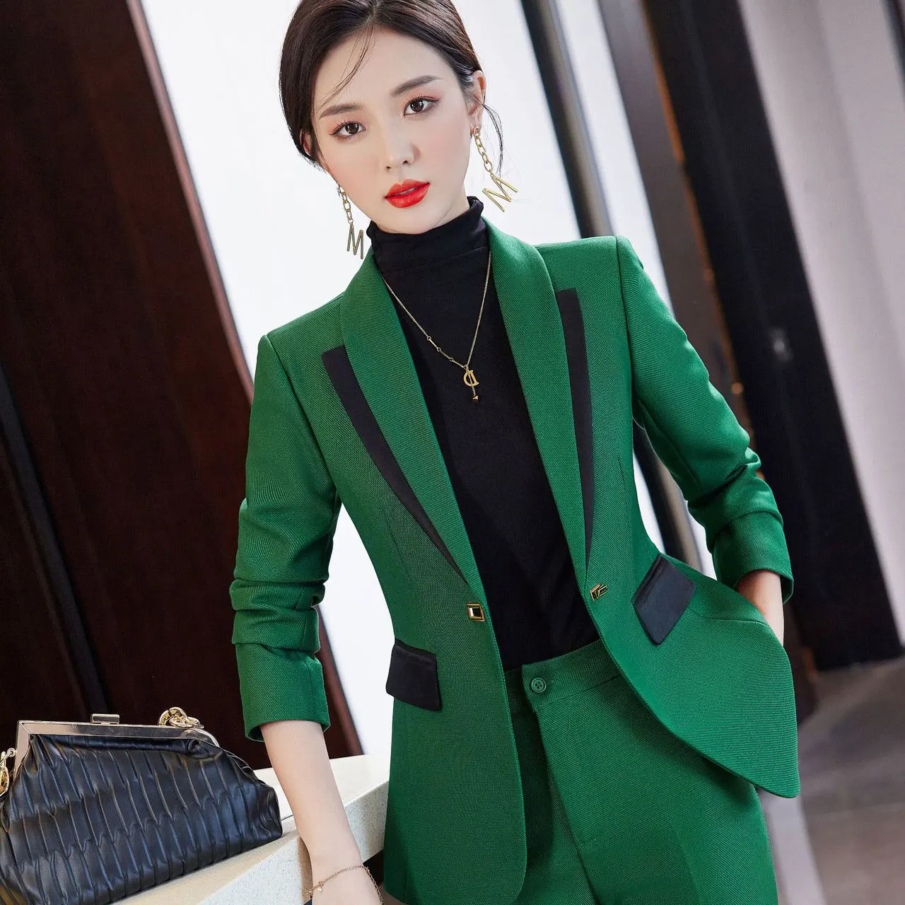 IZICFLY New Autumn Winter Slim Patchwork Office Blazer And Pant Sets Business Work Suits For Women Two Piece Outfits Green