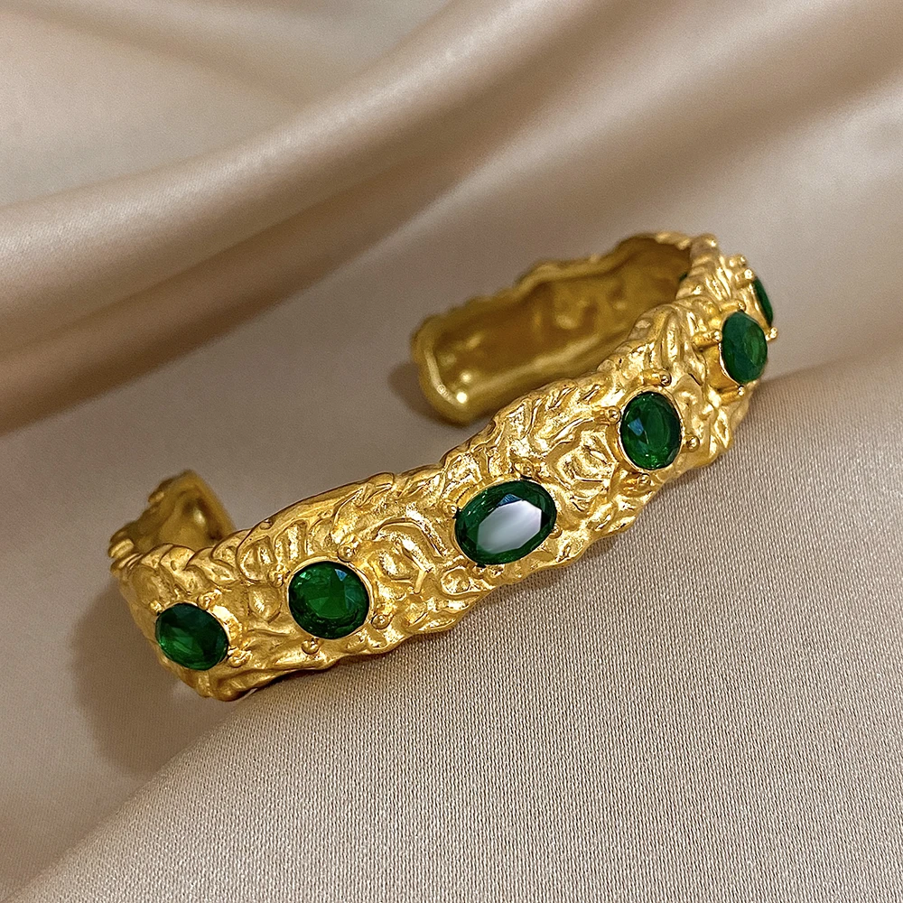 Винтажный браслет-манжета из нержавеющей стали с зеленым цирконием массивные