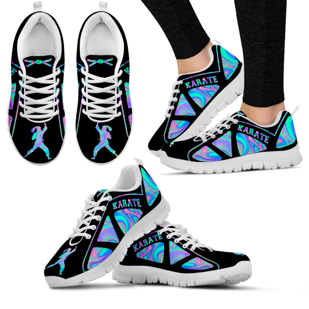 

INSTANTARTS Trendy Iridescent Psychedelic Print Shoes Karate Print Lace Up White Soft Sole Sneakers Comfortable Tennis Shoes