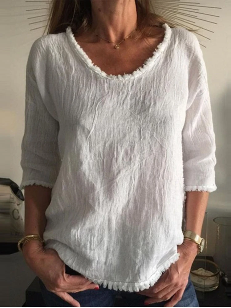 

Женская хлопковая блузка с круглым вырезом, с бахромой