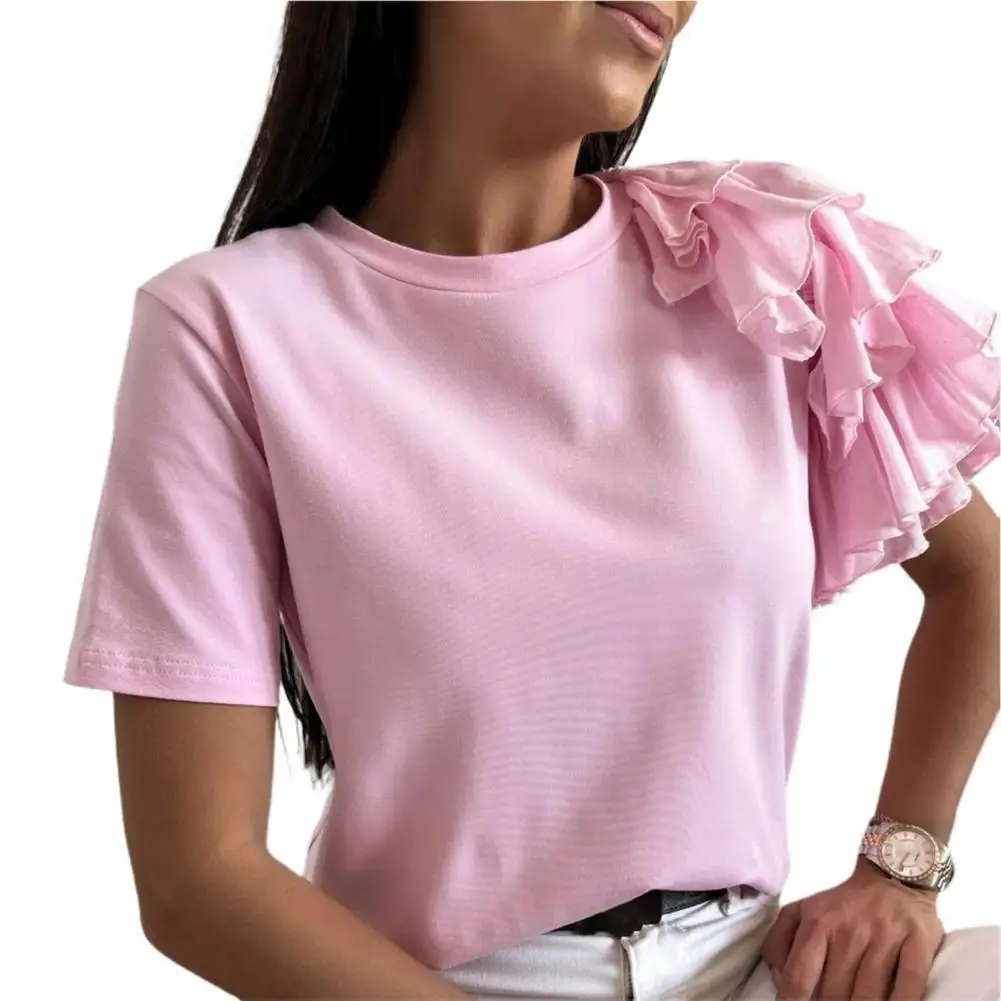 

New Women Blouse Solid Color Layered Ruffles Summer Crew Neck Pleats TT-Shirt New Casual Summer Style Streetwear Tops