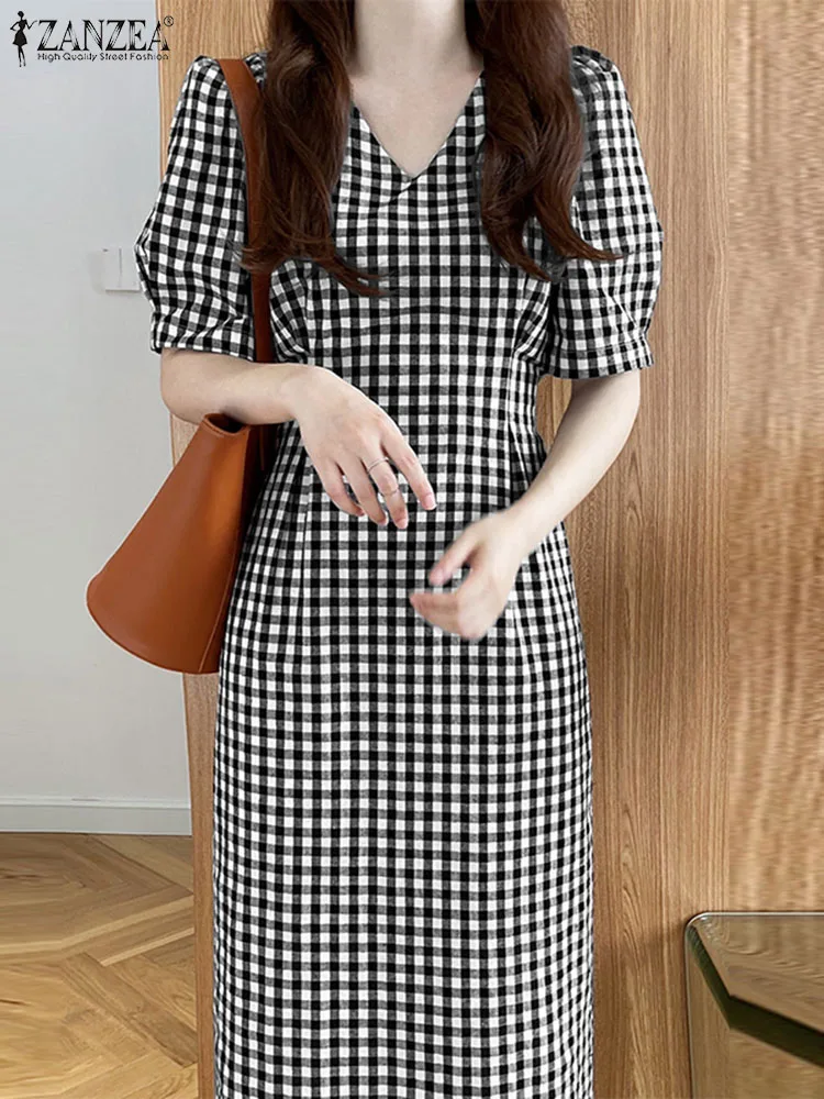 

ZANZEA Casual Waisted Slim Fit Vestidos Plaid V-neck Midi Dress Women Korean Fashion Short Puff Sleeve Checked Elegant Dresses