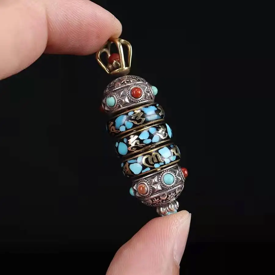 

New Tibetan Seiko Inlaid Natural Pine Heather Red Retro Six-character Mantra Prayer Wheel Pendant Prayer Wheel Accessories