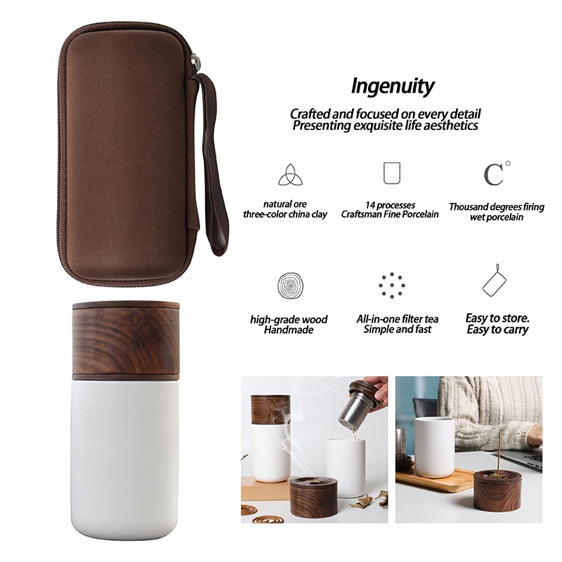 Porcelain Tea Maker Infuser Set Portable Teapot Chinese Gongfu with Sandalwood Incense Burner for Office Home Travel Gift |