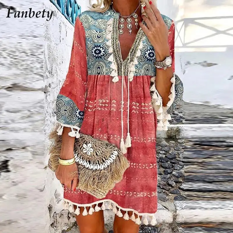 

Женское винтажное праздничное платье с принтом, Осеннее повседневное мини-платье Бохо с расклешенным рукавом, женское сексуальное пляжное ...