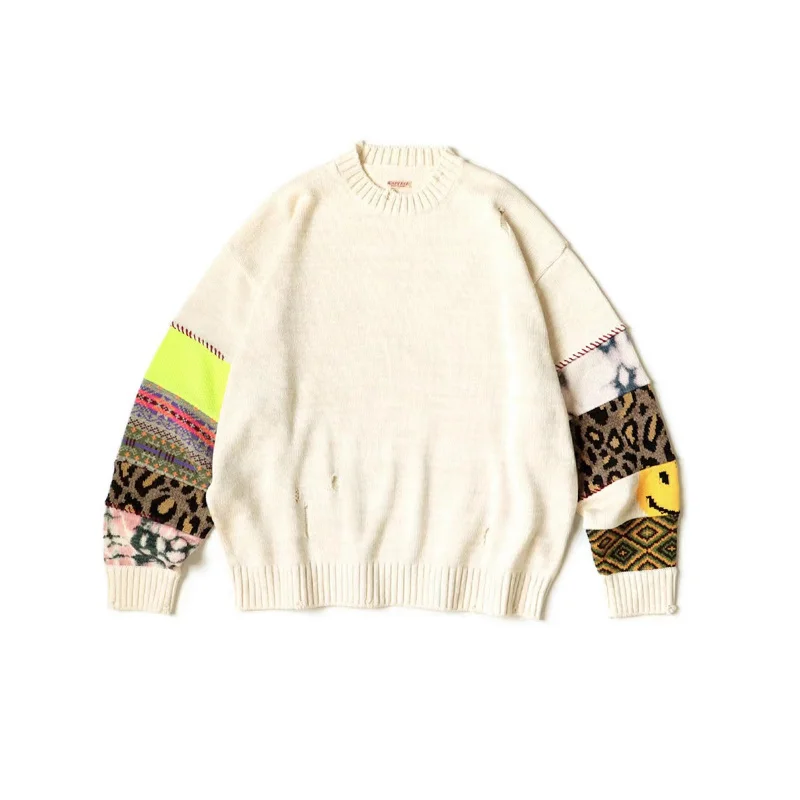 

KAPITAL 23AW Japanese Style Hole Patchwork Sleeve Smiling Face Crewneck Loose Men's and Women's Knitting Wweater