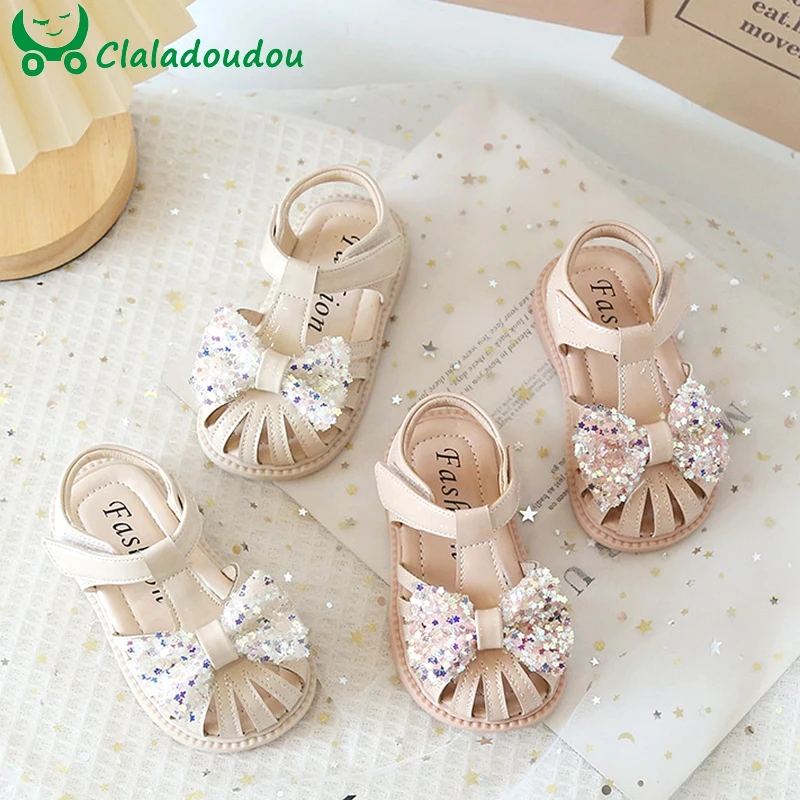 

13-16.5cm Brand Little Princess Dress Shoes For Summer,Bling Cute Bowtie-knot Toddler Sandals,Closed Toe Strap Infant Walkers