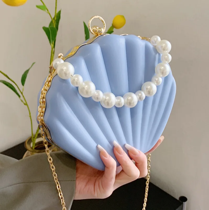 

Evening Bags Shell Shape Women Clutch Bags 2022 New Wedding Bridal Handbag Pearl Beaded Fashion Shell Chain Party Bags