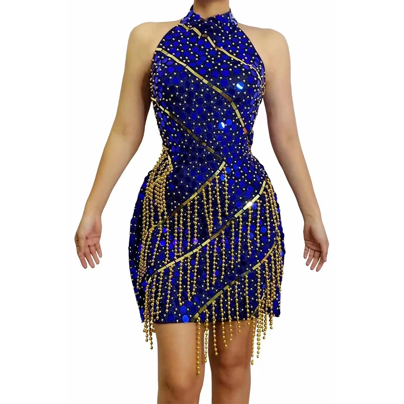 

Women Sexy Stage Gold Beading Fringes Backless Dress Wedding Birthday Party Performance Costume Evening Stretch Outfit